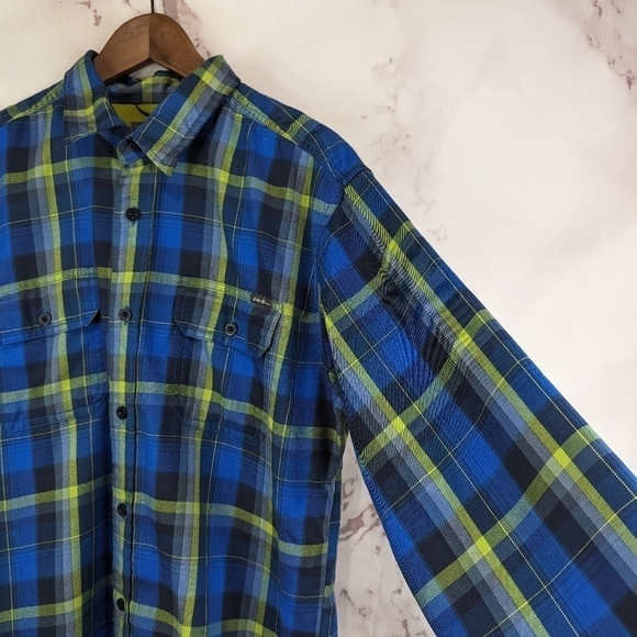 Eddie Bauer Shirt Mens Large Blue Green Plaid Button Up Travex Shacket Jacket - Picture 12 of 12